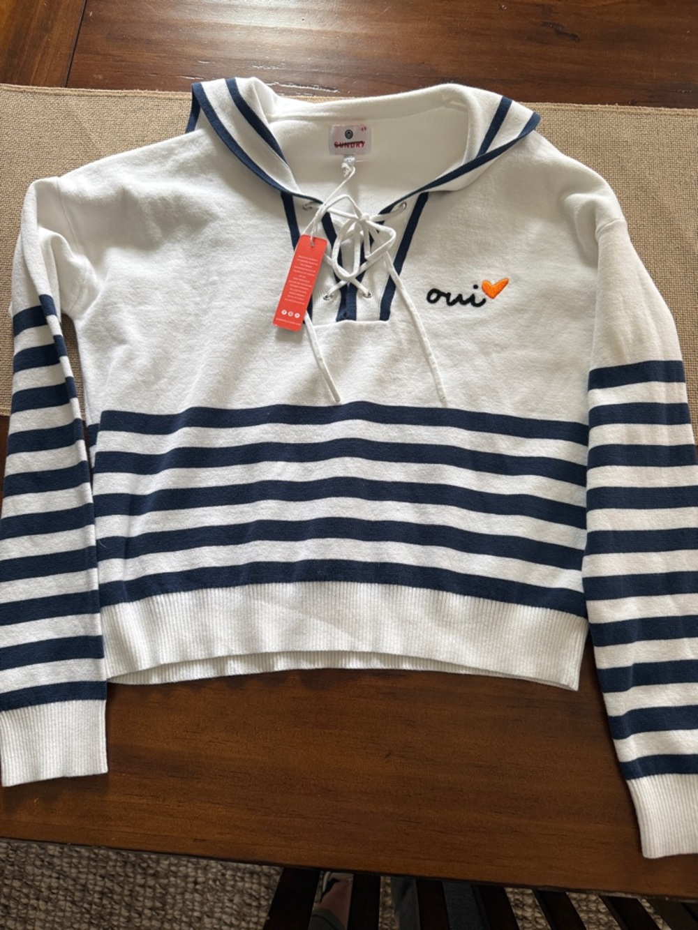 Sundry White & Navy Striped Sailor Lace-Up Sweater